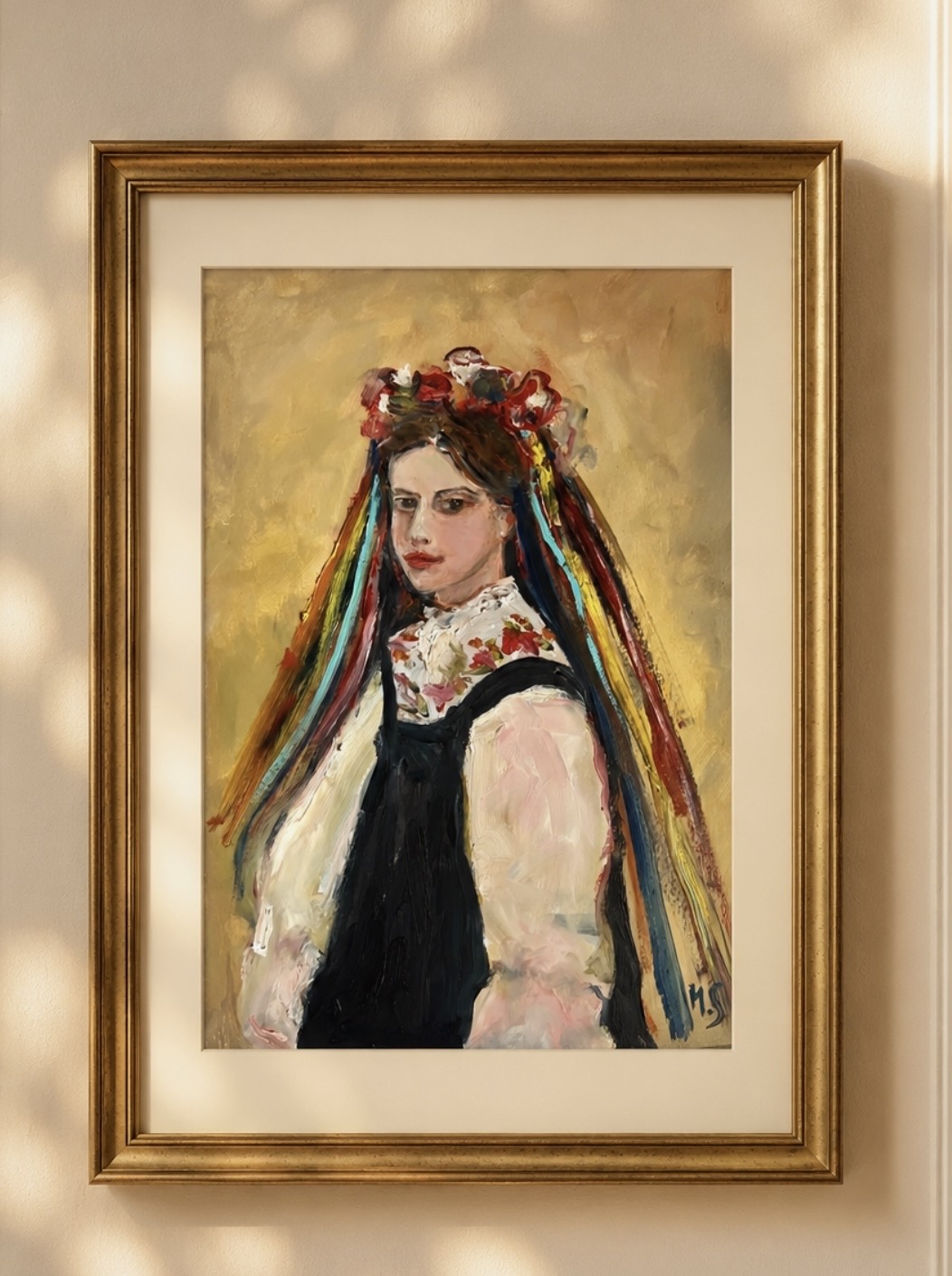 Interior visualisation of Ukrainian Girl in a Vyshyvanka and Flower Wreath by Marina Stognieva framed on a wall